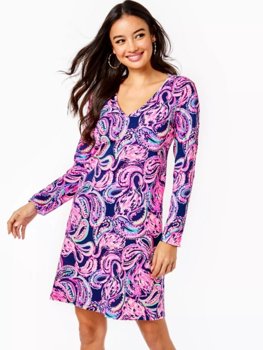 Lilly Pulitzer Etta Dress High Tide Navy Flock To The Top Long Sleeve XL